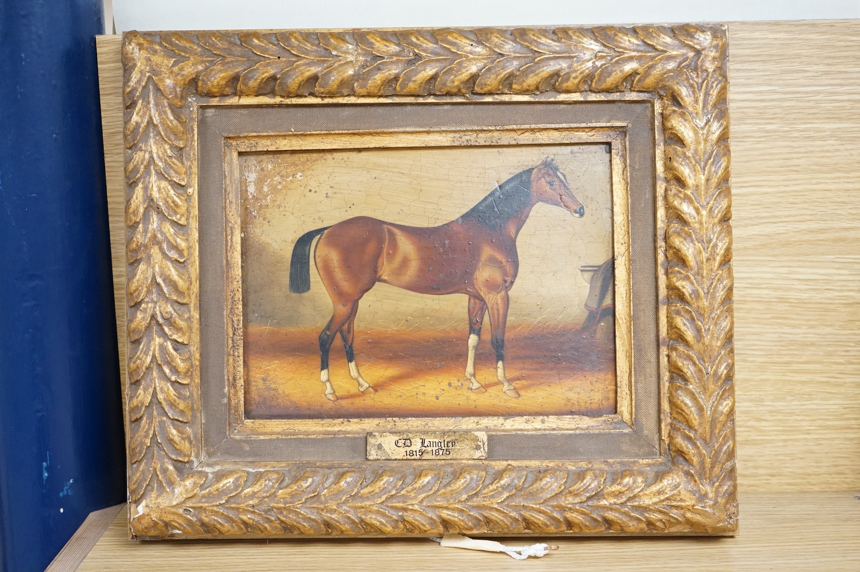 After C D Langley, Study of a bay horse, applied plaque to the ornate gilt frame, Studio M Canals stamp verso, decorative colour print on board, 18 x 24cm